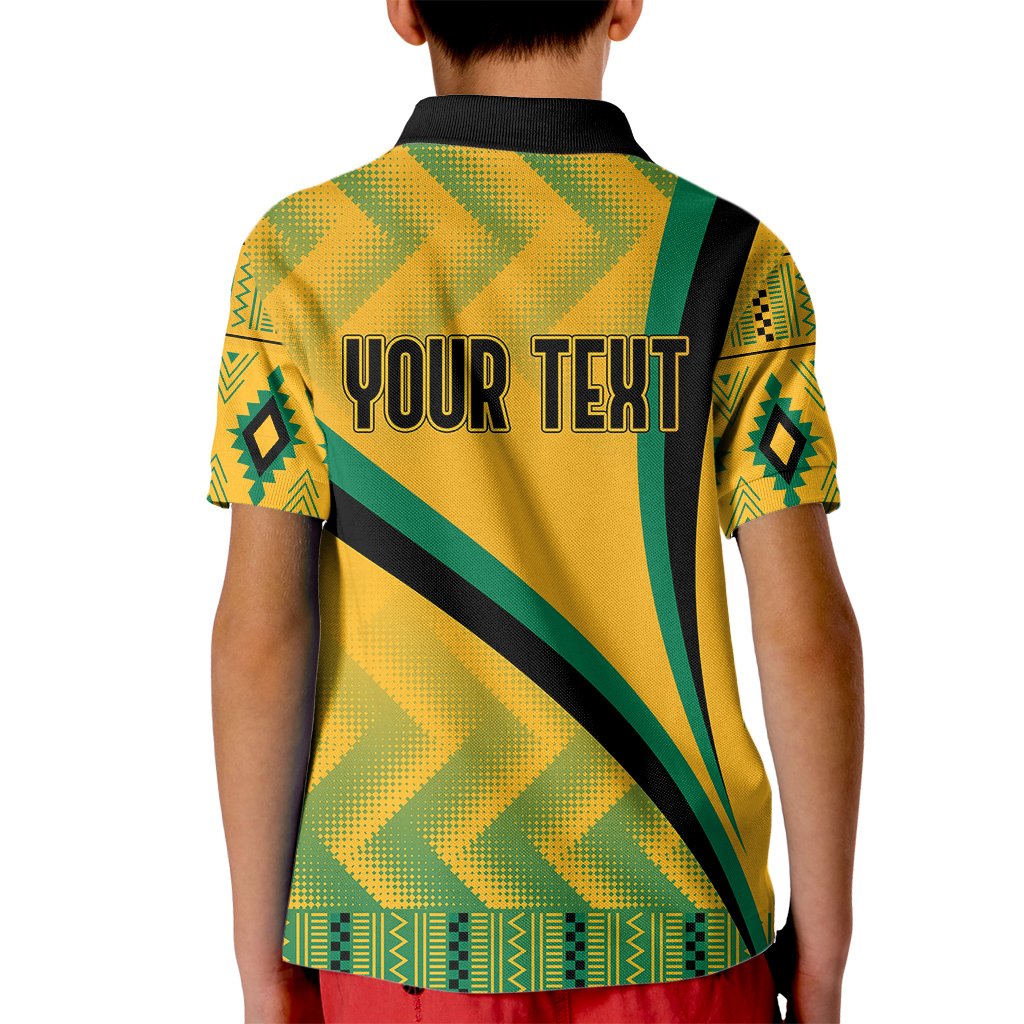 Kids yellow kente patterned polo with black collar, diagonal stripe back graphic text