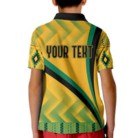 Kids yellow kente patterned polo with black collar, diagonal stripe back graphic text