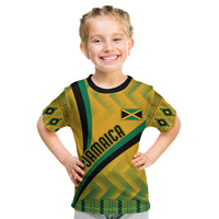 Kids yellow kente-pattern T-shirt with Jamaica print, black collar and green trim