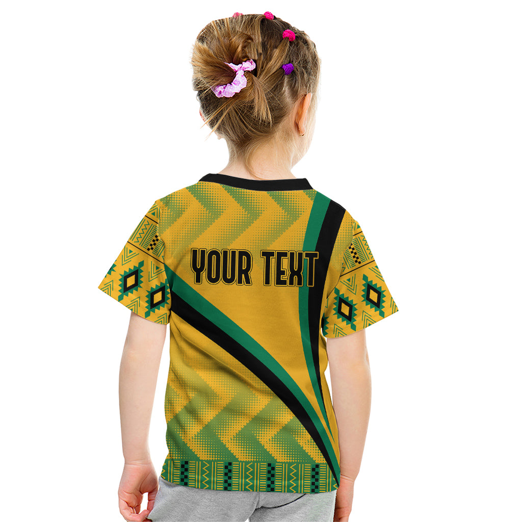Kids yellow-green kente T-shirt, back shows YOUR TEXT, black collar and curved stripe