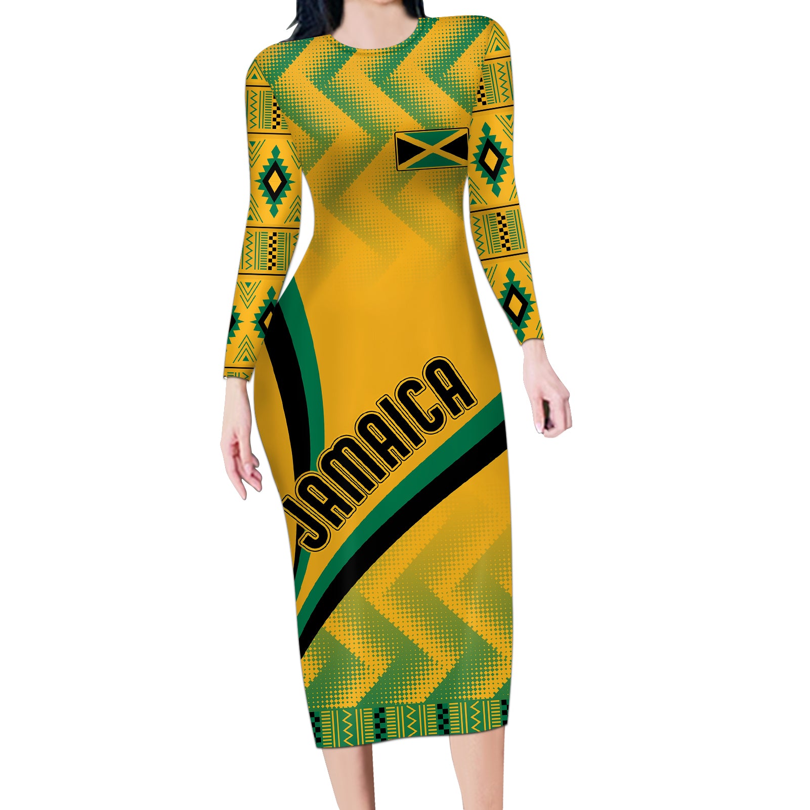 Jamaica Long Sleeve Bodycon Dress Kente Pattern Basic - Yellow - Wonder Print Shop