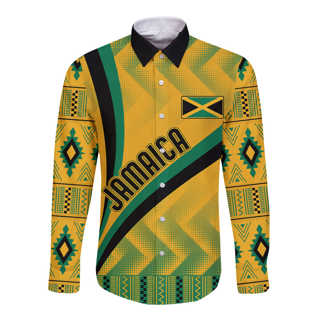 Personalised Jamaica Long Sleeve Button Shirt Kente Pattern Basic - Yellow - Wonder Print Shop