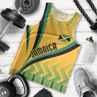 Men's yellow kente-pattern tank top with Jamaica graphic and sleeveless crew neck