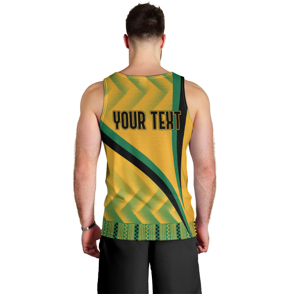 Men's yellow kente-pattern tank top with green diagonal stripe and custom 'YOUR TEXT'