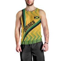 Men's yellow kente-pattern tank top with Jamaica text and small flag icon