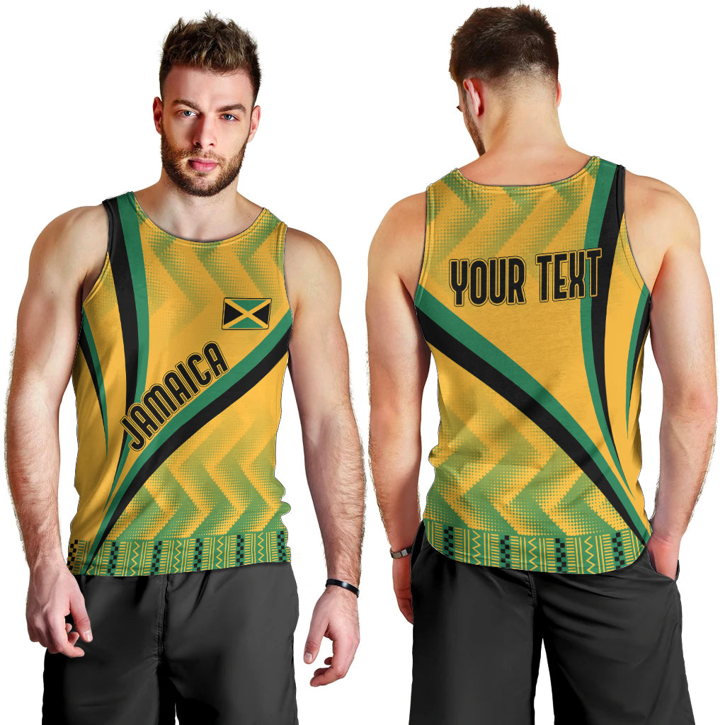 Men's yellow kente-pattern tank top, front Jamaica print and back 'YOUR TEXT'