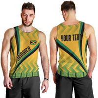 Men's yellow kente-pattern tank top, front Jamaica print and back 'YOUR TEXT'