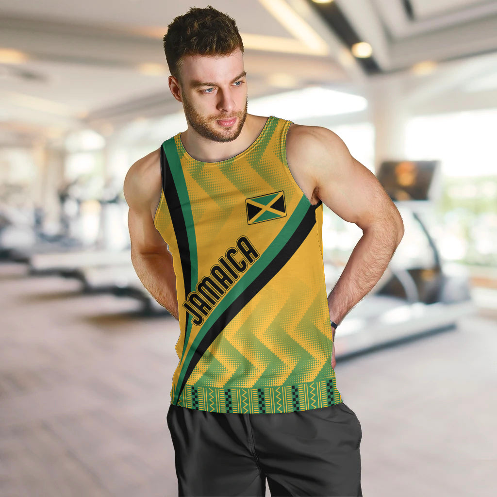 Men's yellow kente-pattern tank top with Jamaica graphic, worn with black shorts