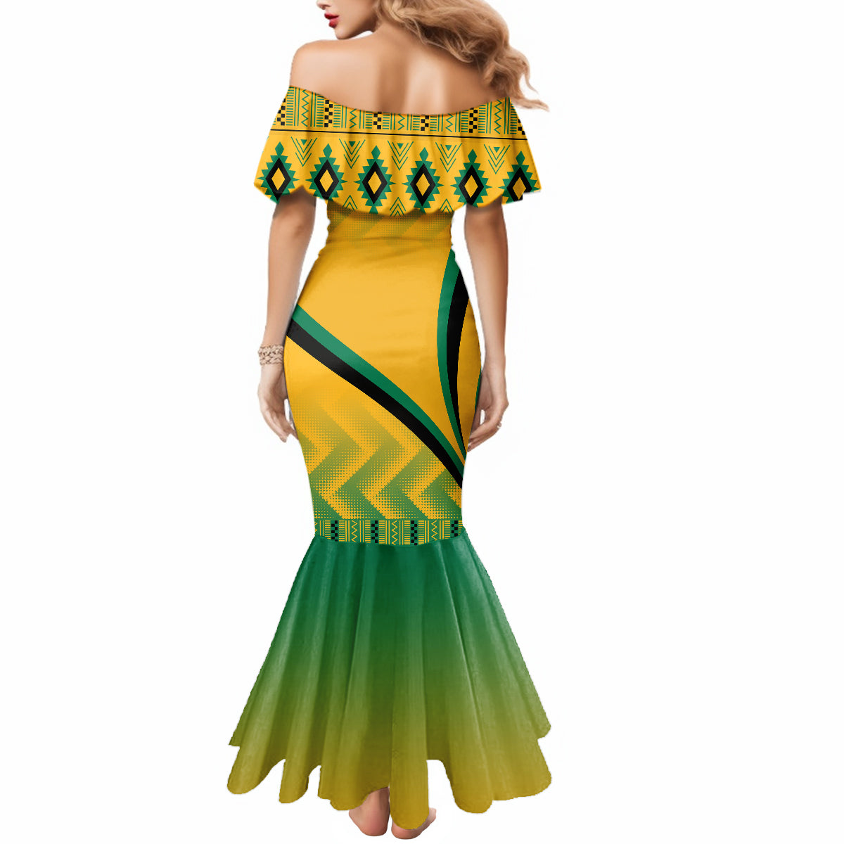 Jamaica Mermaid Dress Kente Pattern Basic - Yellow - Wonder Print Shop