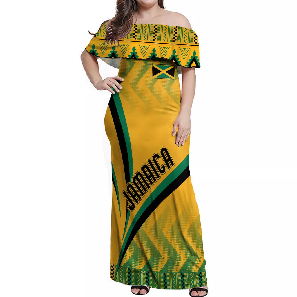 Jamaica Off Shoulder Maxi Dress Kente Pattern Basic - Yellow - Wonder Print Shop