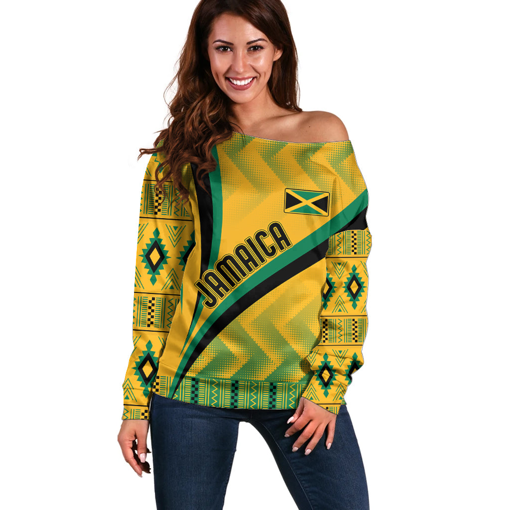 Personalised Jamaica Off Shoulder Sweater Kente Pattern Basic - Yellow - Wonder Print Shop
