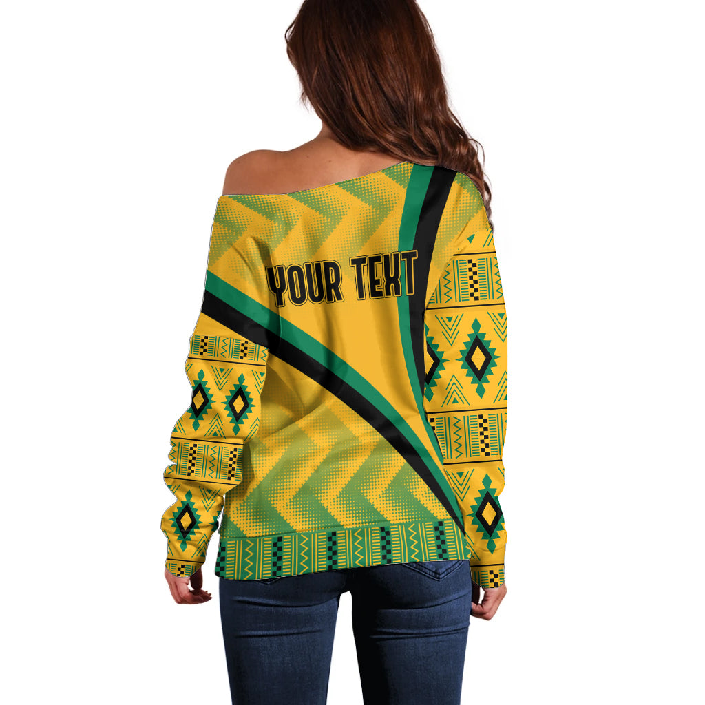 Personalised Jamaica Off Shoulder Sweater Kente Pattern Basic - Yellow - Wonder Print Shop