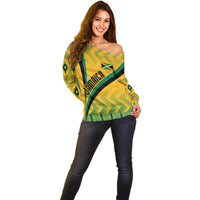 Personalised Jamaica Off Shoulder Sweater Kente Pattern Basic - Yellow - Wonder Print Shop
