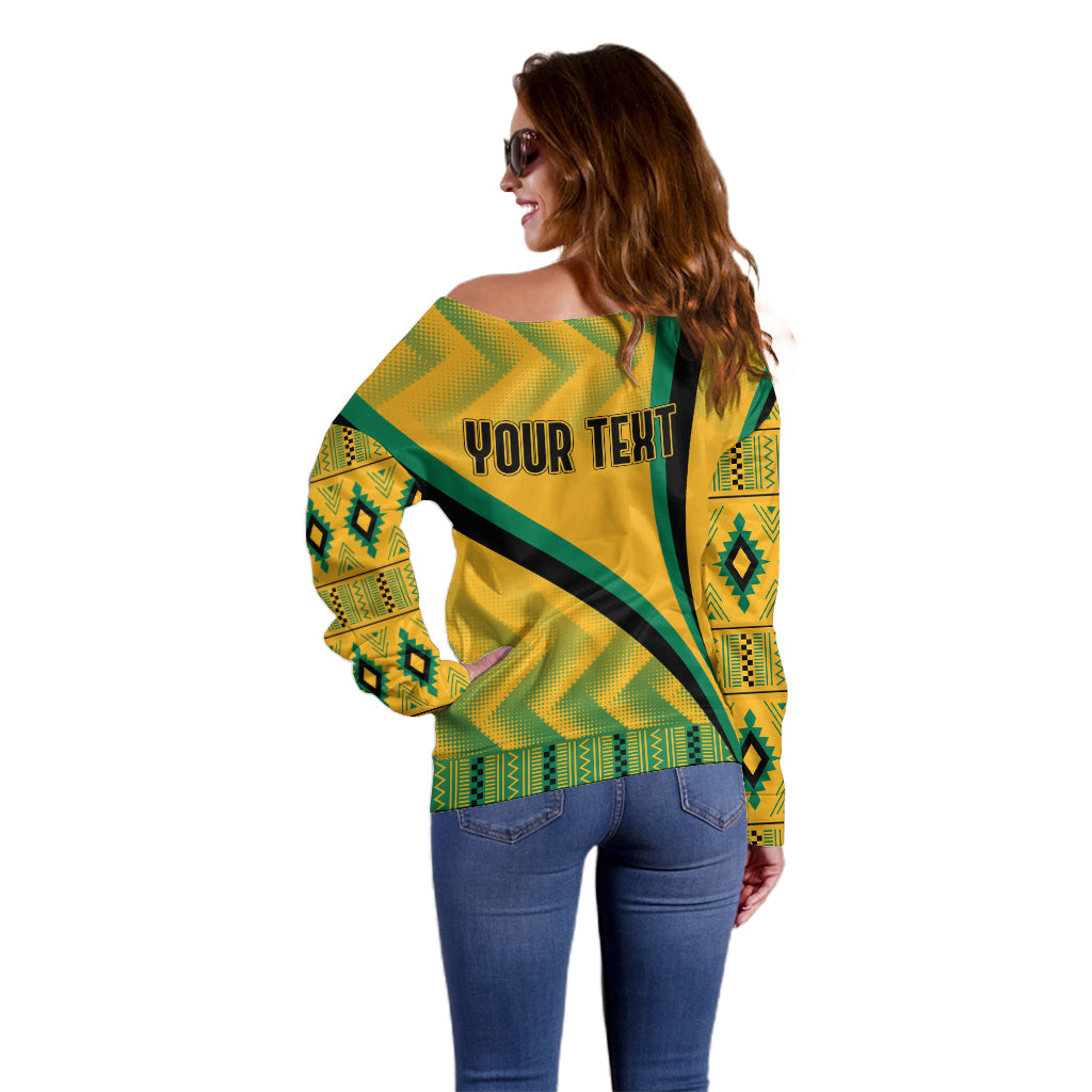 Personalised Jamaica Off Shoulder Sweater Kente Pattern Basic - Yellow - Wonder Print Shop