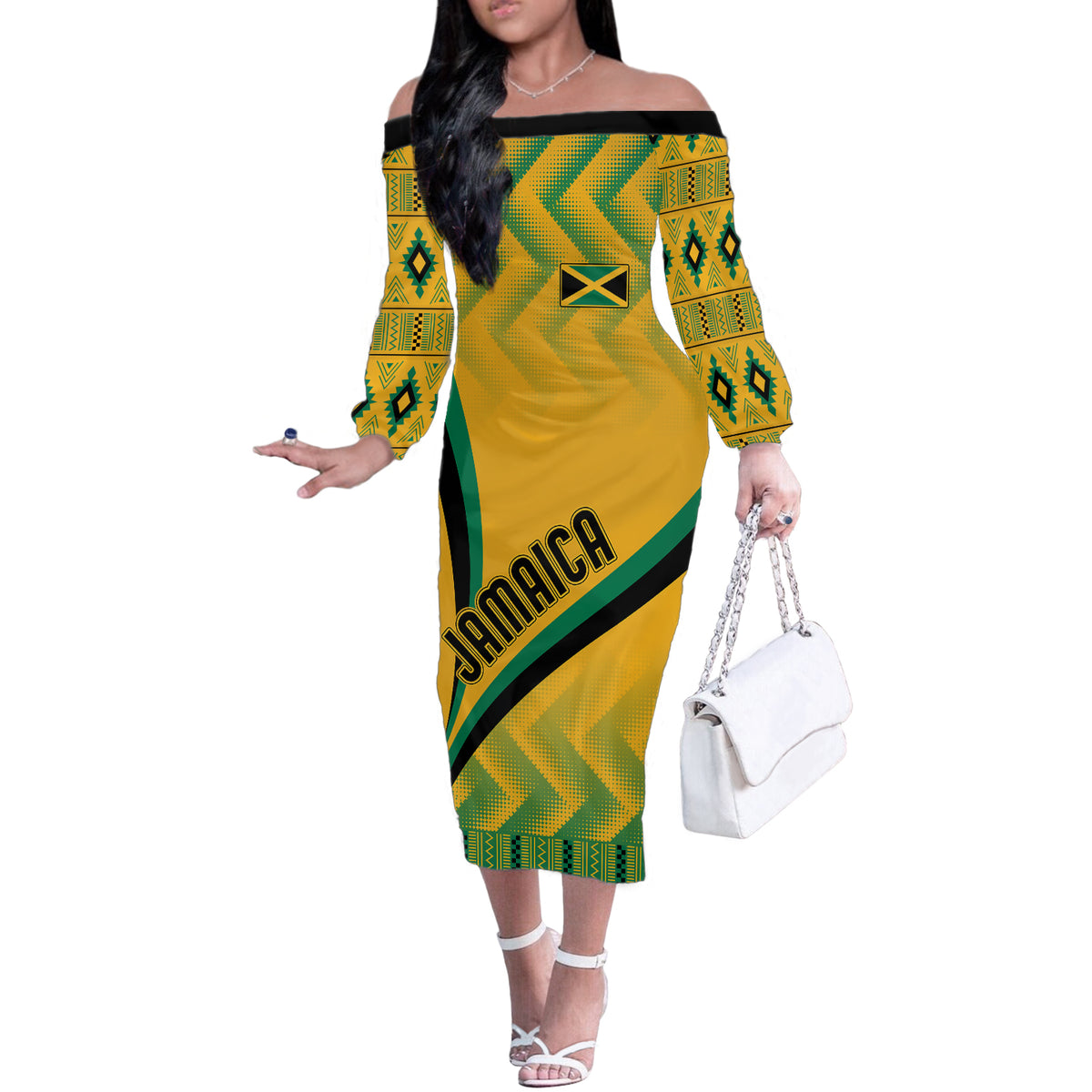 Jamaica Off The Shoulder Long Sleeve Dress Kente Pattern Basic - Yellow - Wonder Print Shop