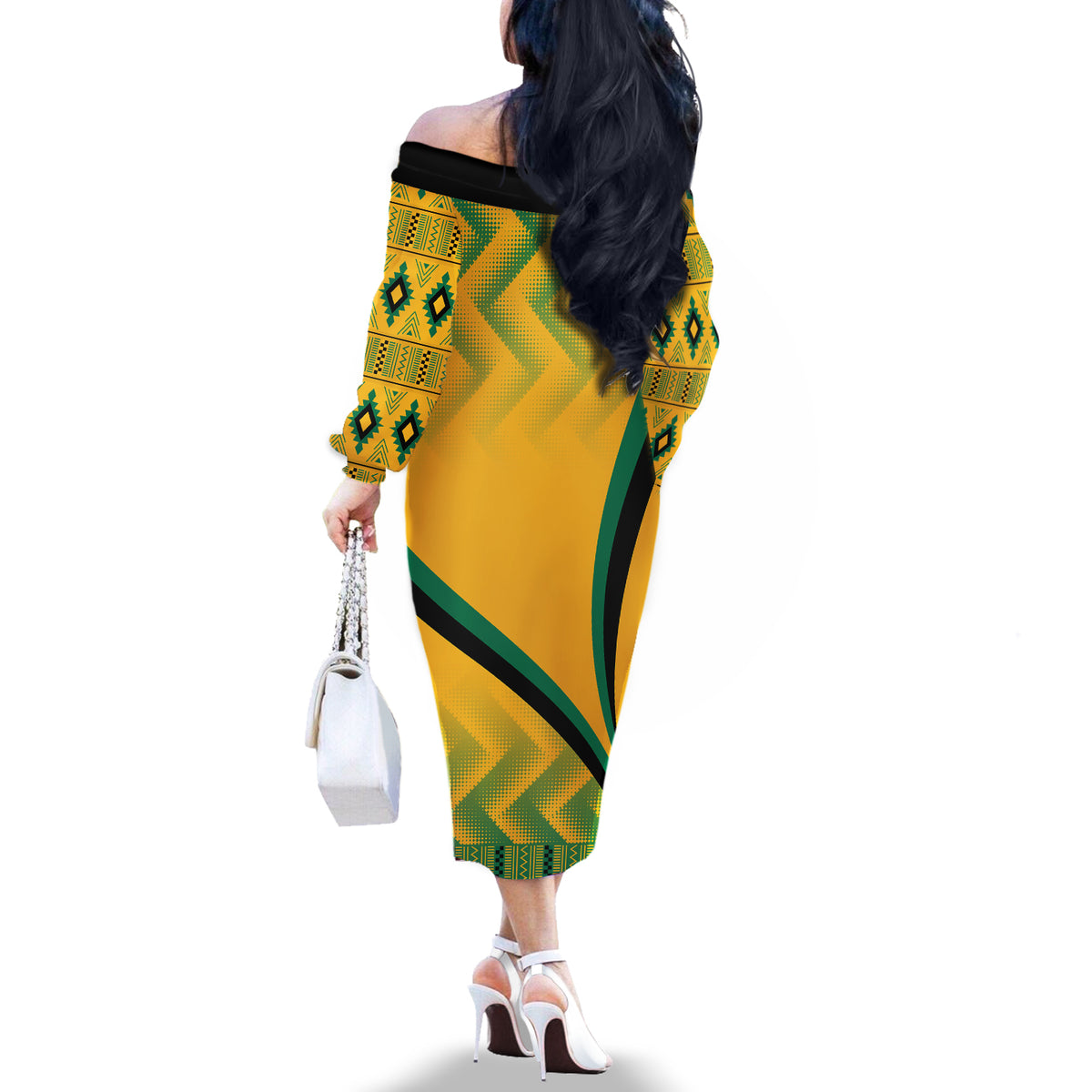 Jamaica Off The Shoulder Long Sleeve Dress Kente Pattern Basic - Yellow - Wonder Print Shop