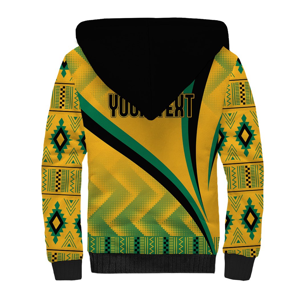 Yellow sherpa hoodie back view with green kente pattern and black hood trim