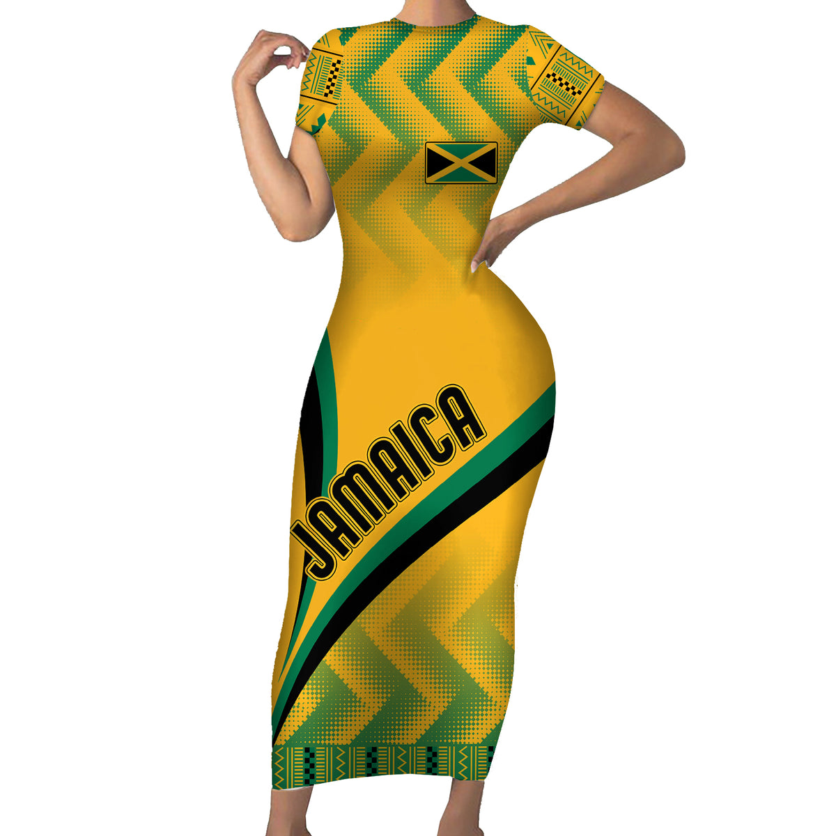 Jamaica Short Sleeve Bodycon Dress Kente Pattern Basic - Yellow - Wonder Print Shop