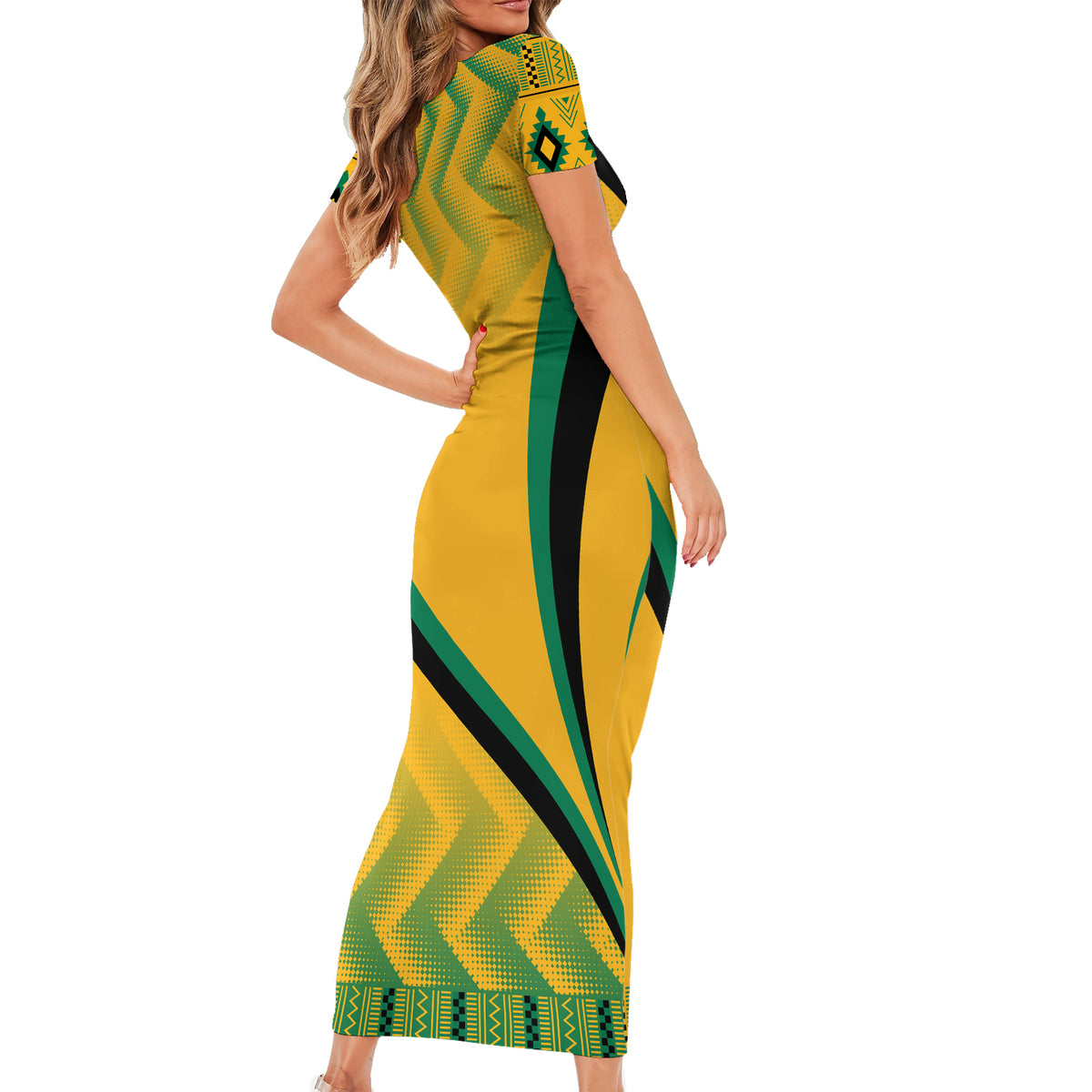 Jamaica Short Sleeve Bodycon Dress Kente Pattern Basic - Yellow - Wonder Print Shop