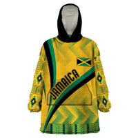 Yellow hooded blanket sweatshirt with green Kente pattern and Jamaica logo print