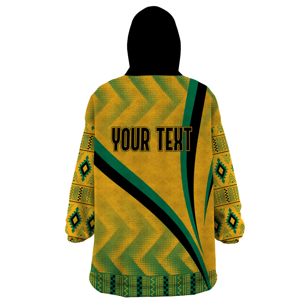 Yellow hooded blanket sweatshirt with green Kente pattern and 'YOUR TEXT' back print