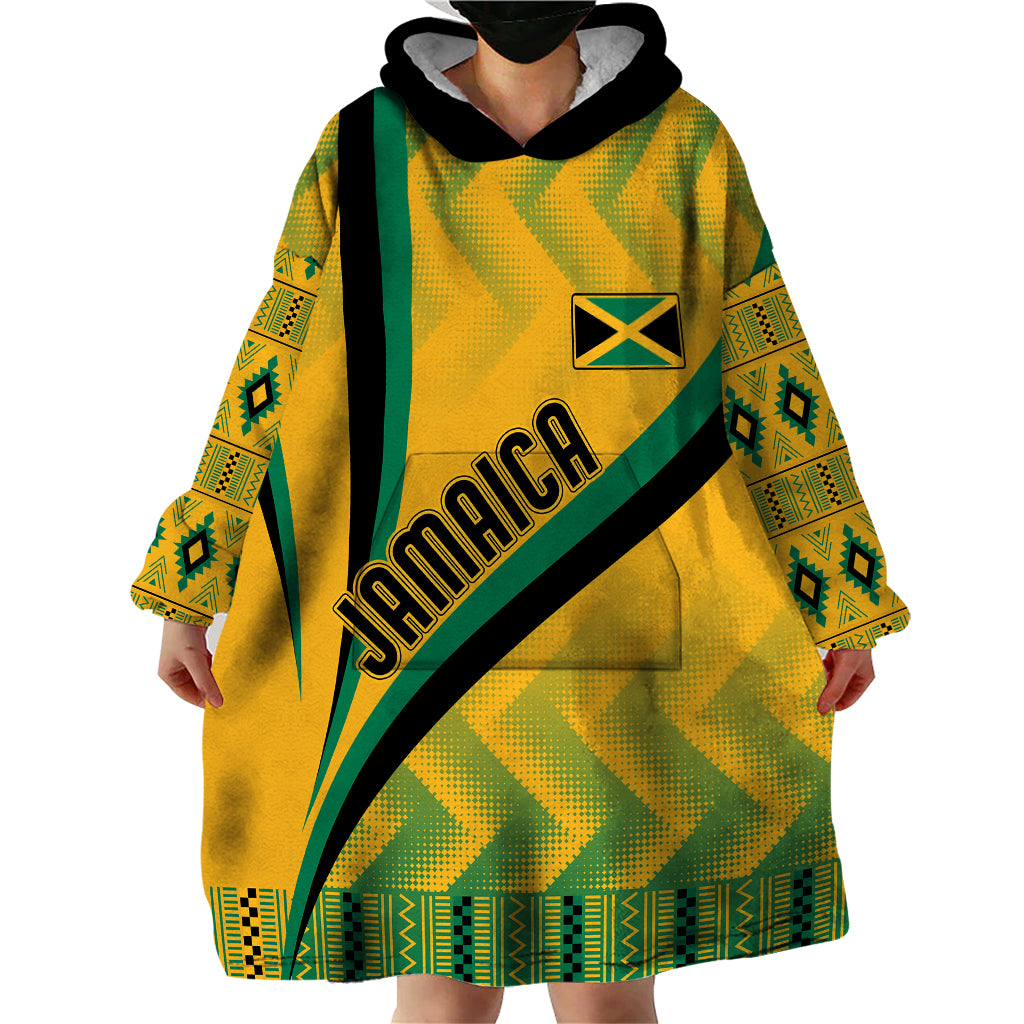 Yellow hooded blanket sweatshirt with green Kente pattern and Jamaica logo front print
