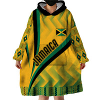 Yellow hooded blanket sweatshirt with green Kente pattern and Jamaica logo front print