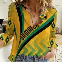 Personalised Jamaica Women Casual Shirt Kente Pattern Basic - Yellow - Wonder Print Shop