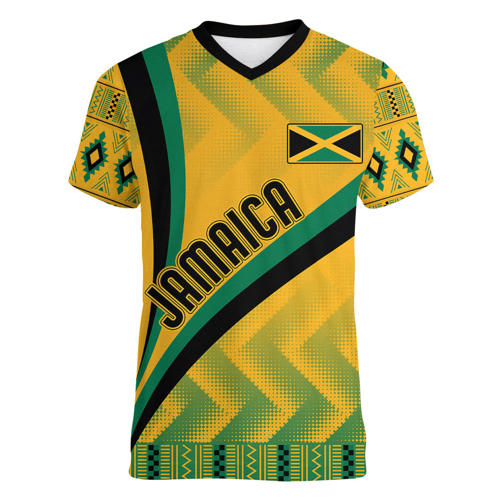 Personalised Jamaica Women V Neck T Shirt Kente Pattern Basic - Yellow - Wonder Print Shop