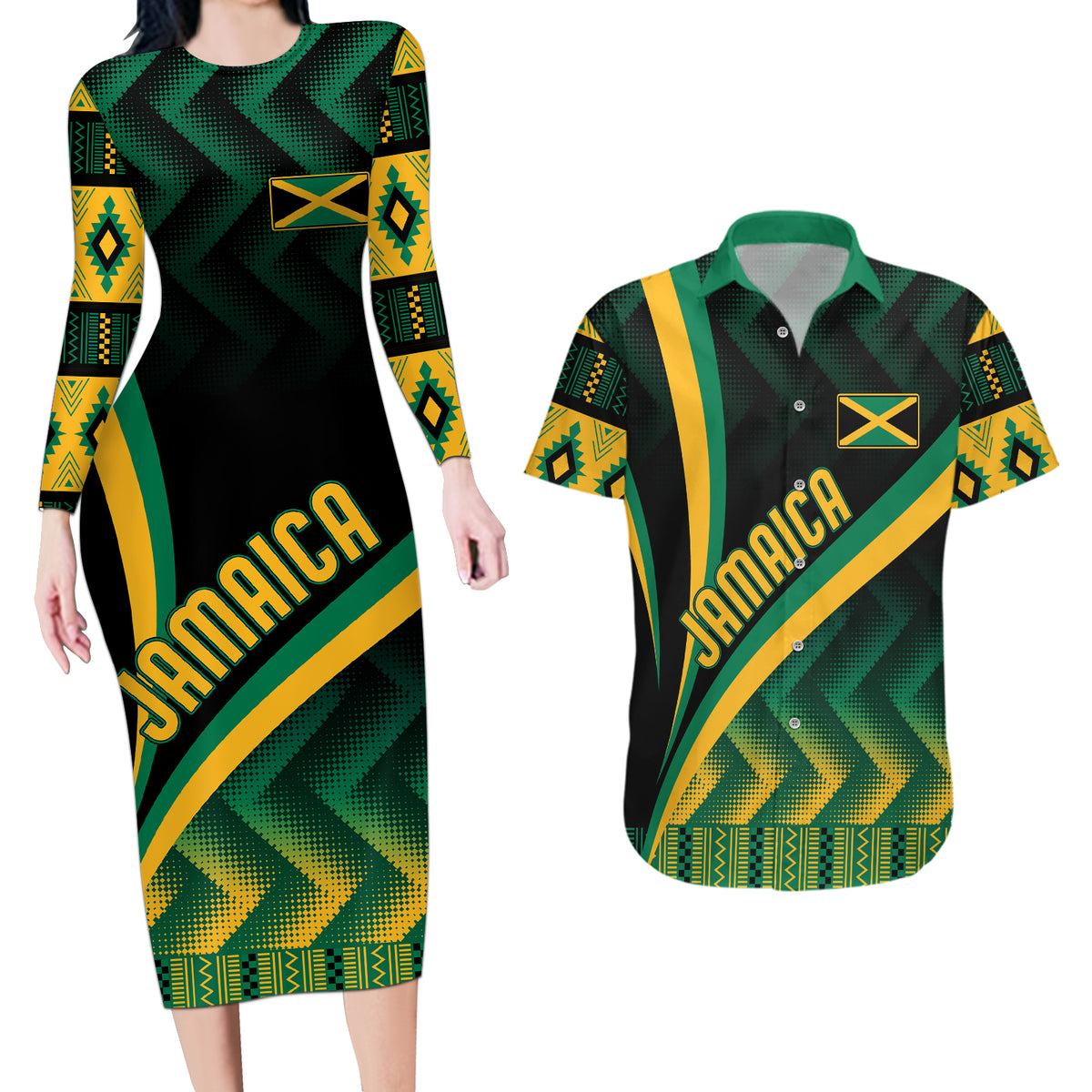 Personalised Jamaica Couples Matching Long Sleeve Bodycon Dress and Hawaiian Shirt Kente Pattern Basic - Black LT7 - Wonder Print Shop