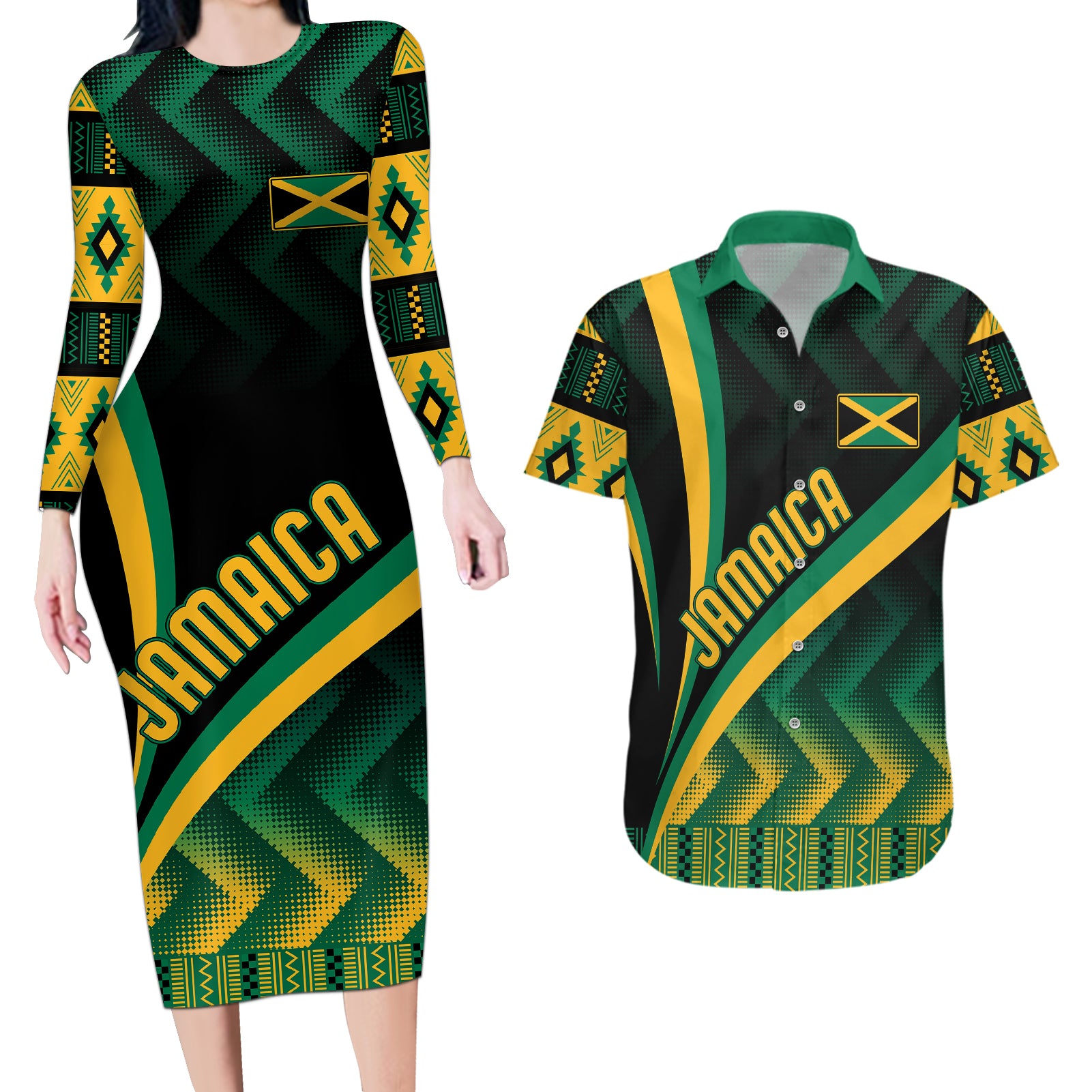 personalised-jamaica-couples-matching-long-sleeve-bodycon-dress-and-hawaiian-shirt-kente-pattern-basic-black