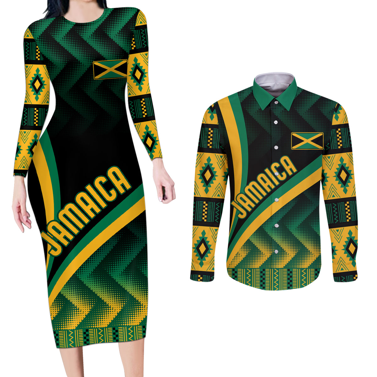 Personalised Jamaica Couples Matching Long Sleeve Bodycon Dress and Long Sleeve Button Shirts Kente Pattern Basic - Black LT7 - Wonder Print Shop