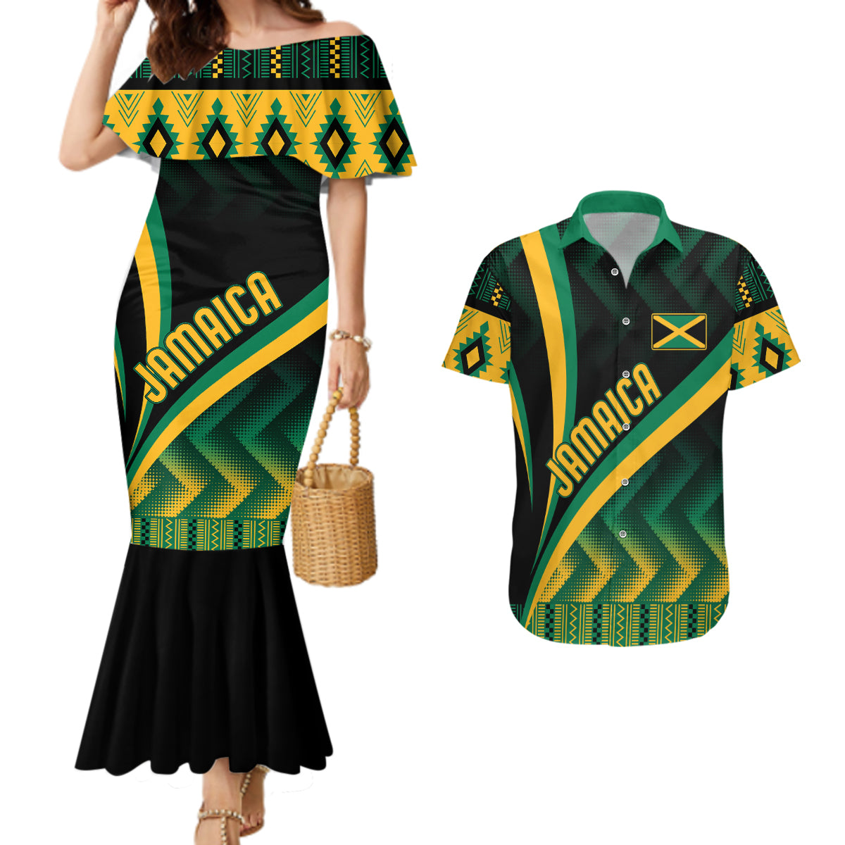Personalised Jamaica Couples Matching Mermaid Dress And Hawaiian Shirt Kente Pattern Basic - Black LT7 - Wonder Print Shop