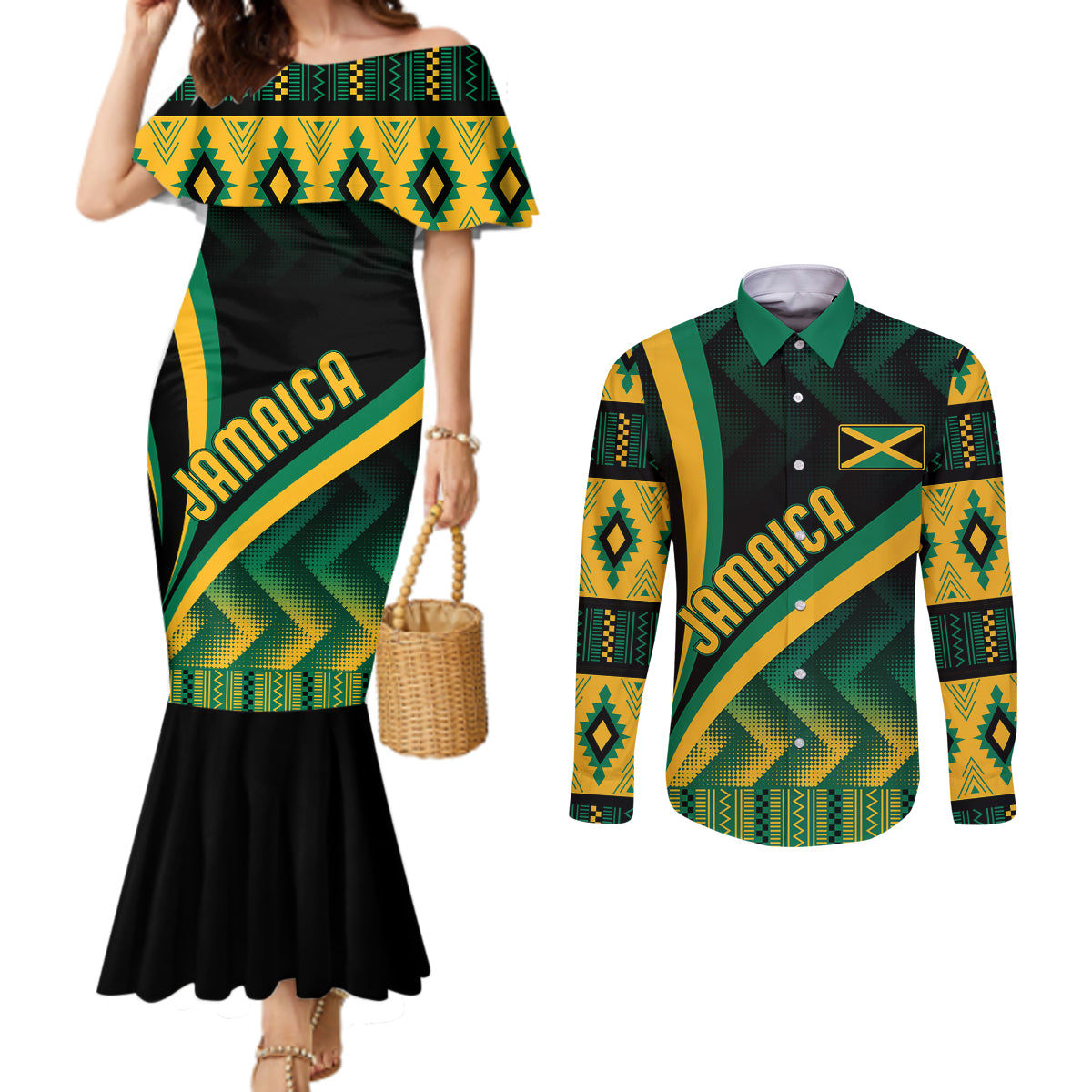 personalised-jamaica-couples-matching-mermaid-dress-and-long-sleeve-button-shirts-kente-pattern-basic-black