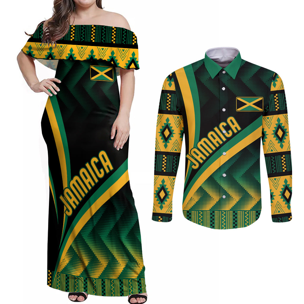 Personalised Jamaica Couples Matching Off Shoulder Maxi Dress and Long Sleeve Button Shirts Kente Pattern Basic - Black LT7 - Wonder Print Shop