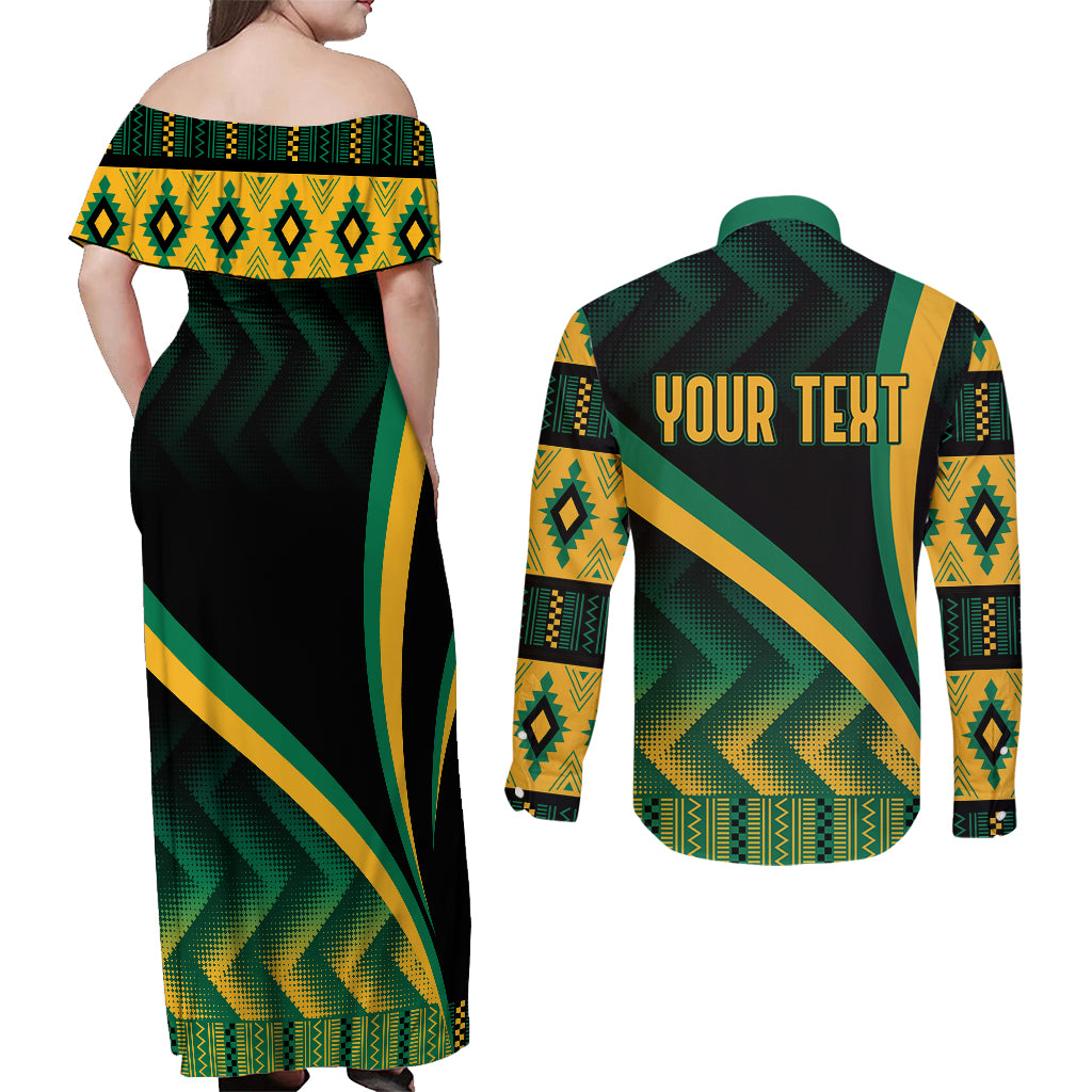 Personalised Jamaica Couples Matching Off Shoulder Maxi Dress and Long Sleeve Button Shirts Kente Pattern Basic - Black LT7 - Wonder Print Shop