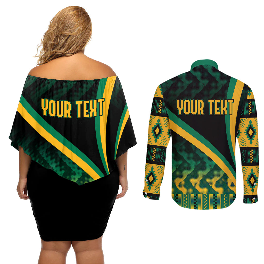 Personalised Jamaica Couples Matching Off Shoulder Short Dress and Long Sleeve Button Shirts Kente Pattern Basic - Black LT7 - Wonder Print Shop