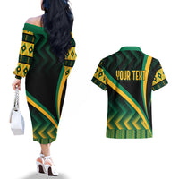 Personalised Jamaica Couples Matching Off The Shoulder Long Sleeve Dress and Hawaiian Shirt Kente Pattern Basic - Black LT7 - Wonder Print Shop