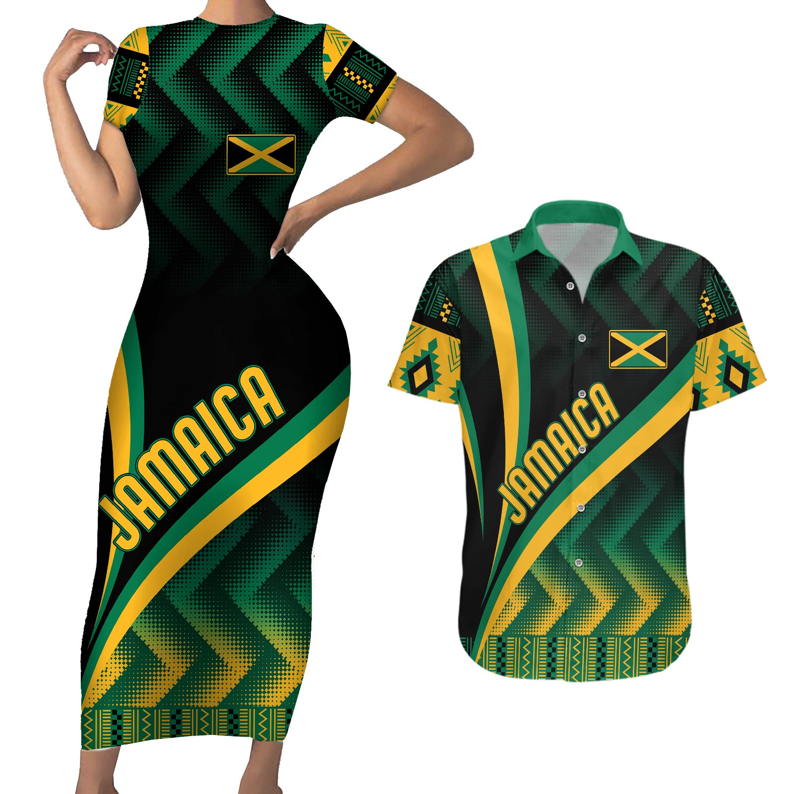 personalised-jamaica-couples-matching-short-sleeve-bodycon-dress-and-hawaiian-shirt-kente-pattern-basic-black