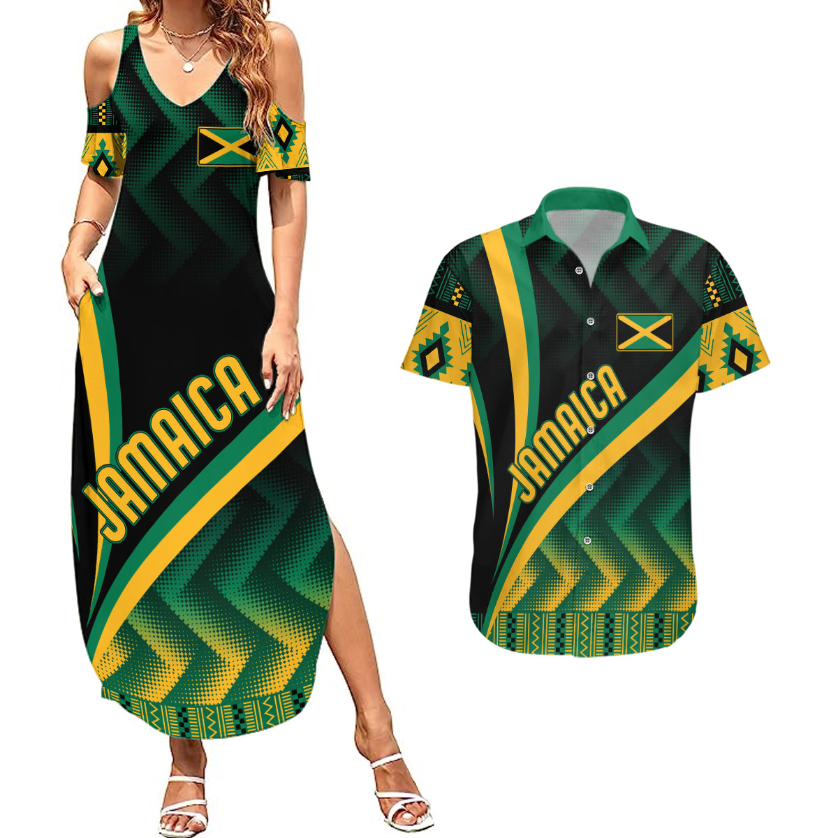 Personalised Jamaica Couples Matching Summer Maxi Dress and Hawaiian Shirt Kente Pattern Basic - Black LT7 - Wonder Print Shop
