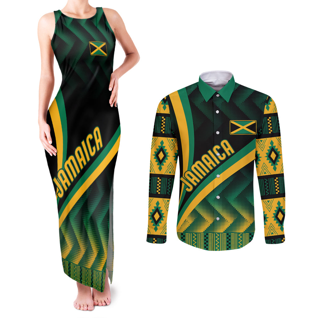 Personalised Jamaica Couples Matching Tank Maxi Dress and Long Sleeve Button Shirts Kente Pattern Basic - Black LT7 - Wonder Print Shop