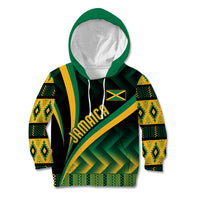 Kids' pullover hoodie with green hood and black base, yellow-green Kente print, Jamaica