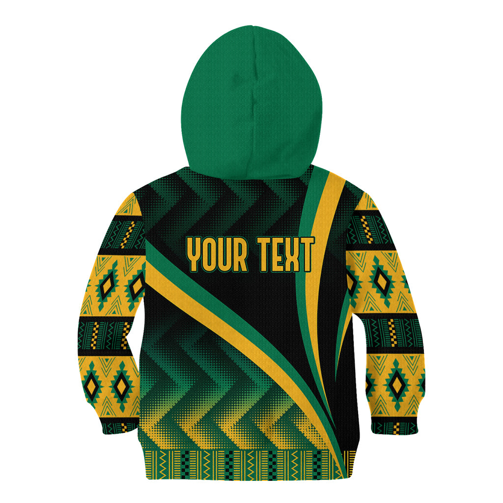 Kids' hoodie back with green hood, black base, yellow-green Kente print and 'YOUR TEXT'