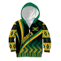 Kids' pullover hoodie with green hood, black base and yellow-green Kente print, Jamaica