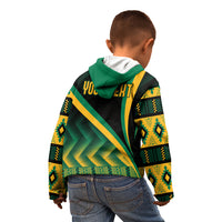 Kids' hoodie back on model: green hood, black base with yellow-green Kente print