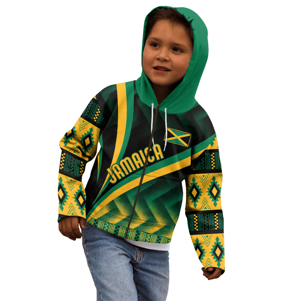 Kids' hoodie on model: green hood, black base with yellow-green Kente print and Jamaica