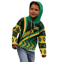 Kids' hoodie on model: green hood, black base with yellow-green Kente print and Jamaica