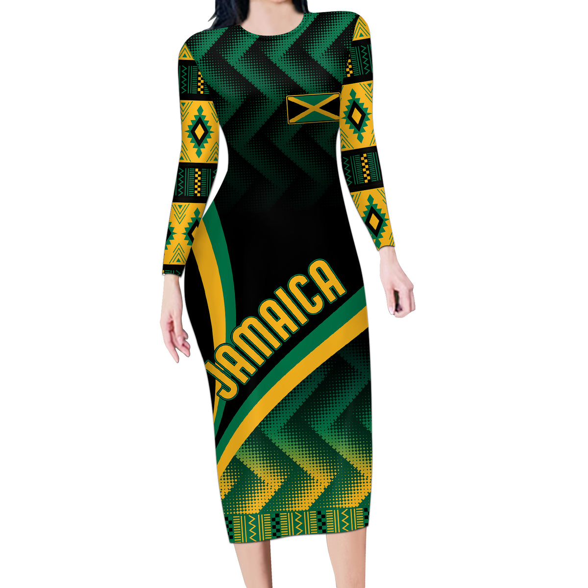Jamaica Long Sleeve Bodycon Dress Kente Pattern Basic - Black - Wonder Print Shop