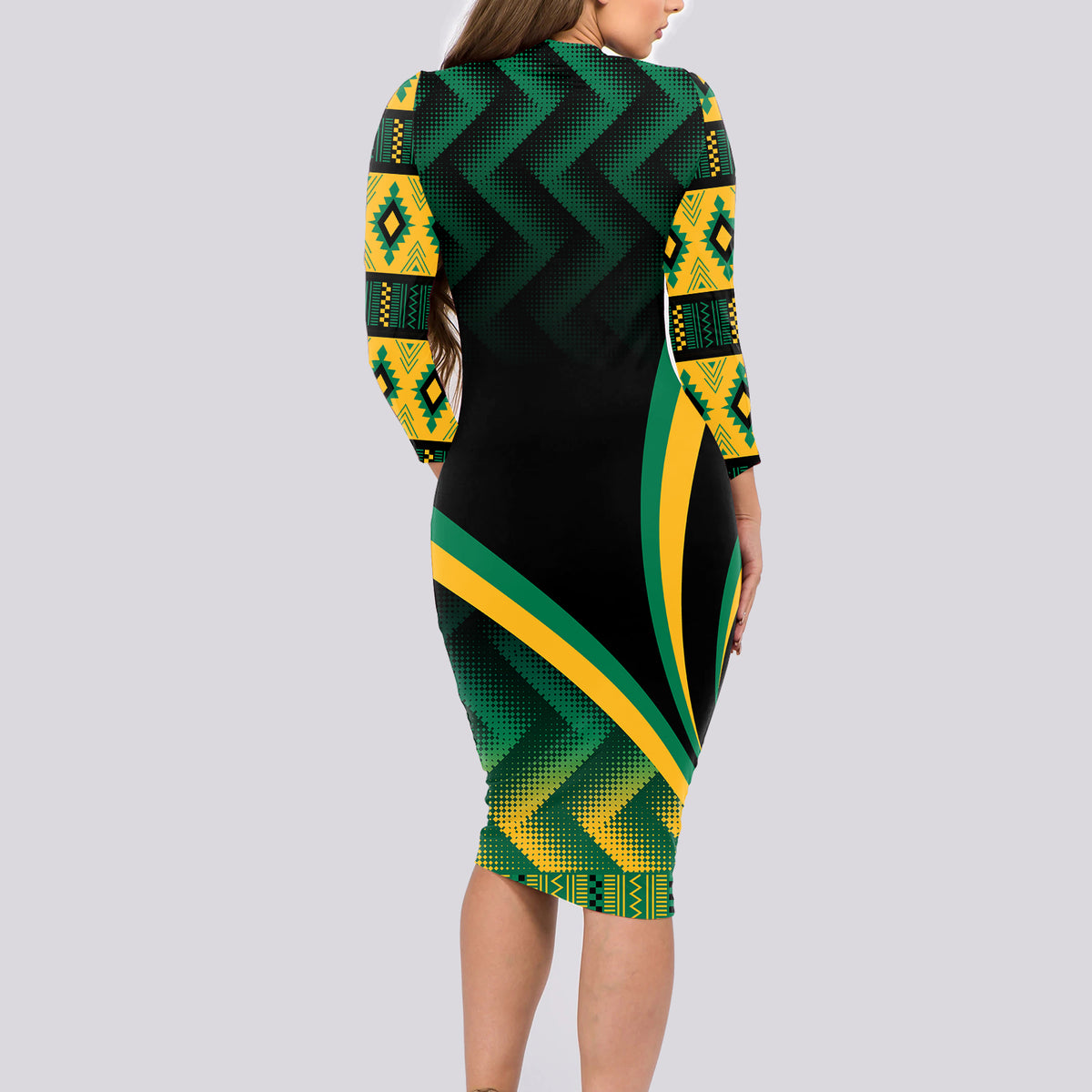 Jamaica Long Sleeve Bodycon Dress Kente Pattern Basic - Black