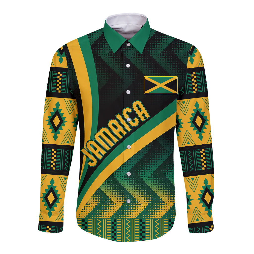 Personalised Jamaica Long Sleeve Button Shirt Kente Pattern Basic - Black - Wonder Print Shop